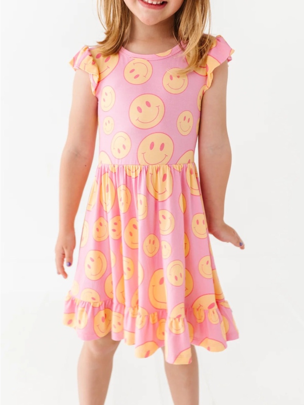 Birdie Bean Janis Smiley Face Bamboo Flutter Sleeve Twirl Dress 2T New